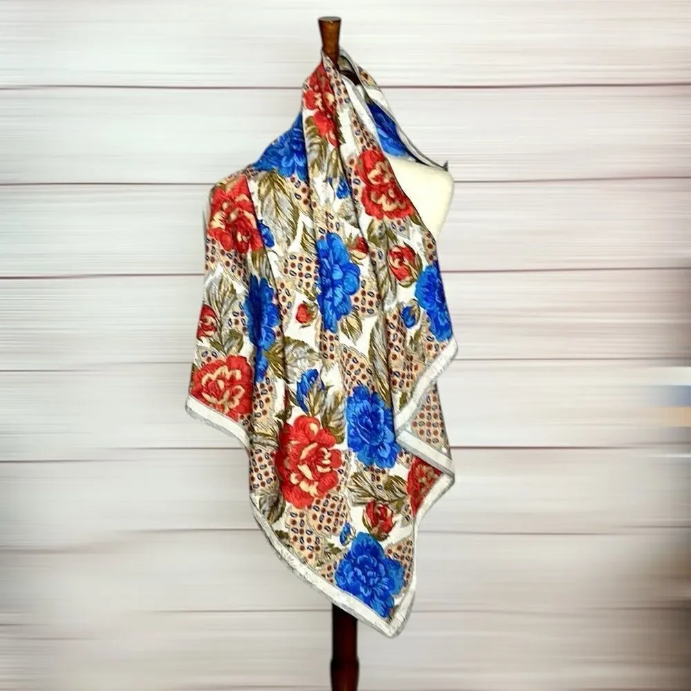 Albert Nipon for XIIX KARAT Silk Scarf Blue Magenta Tan Floral Roses Vintage